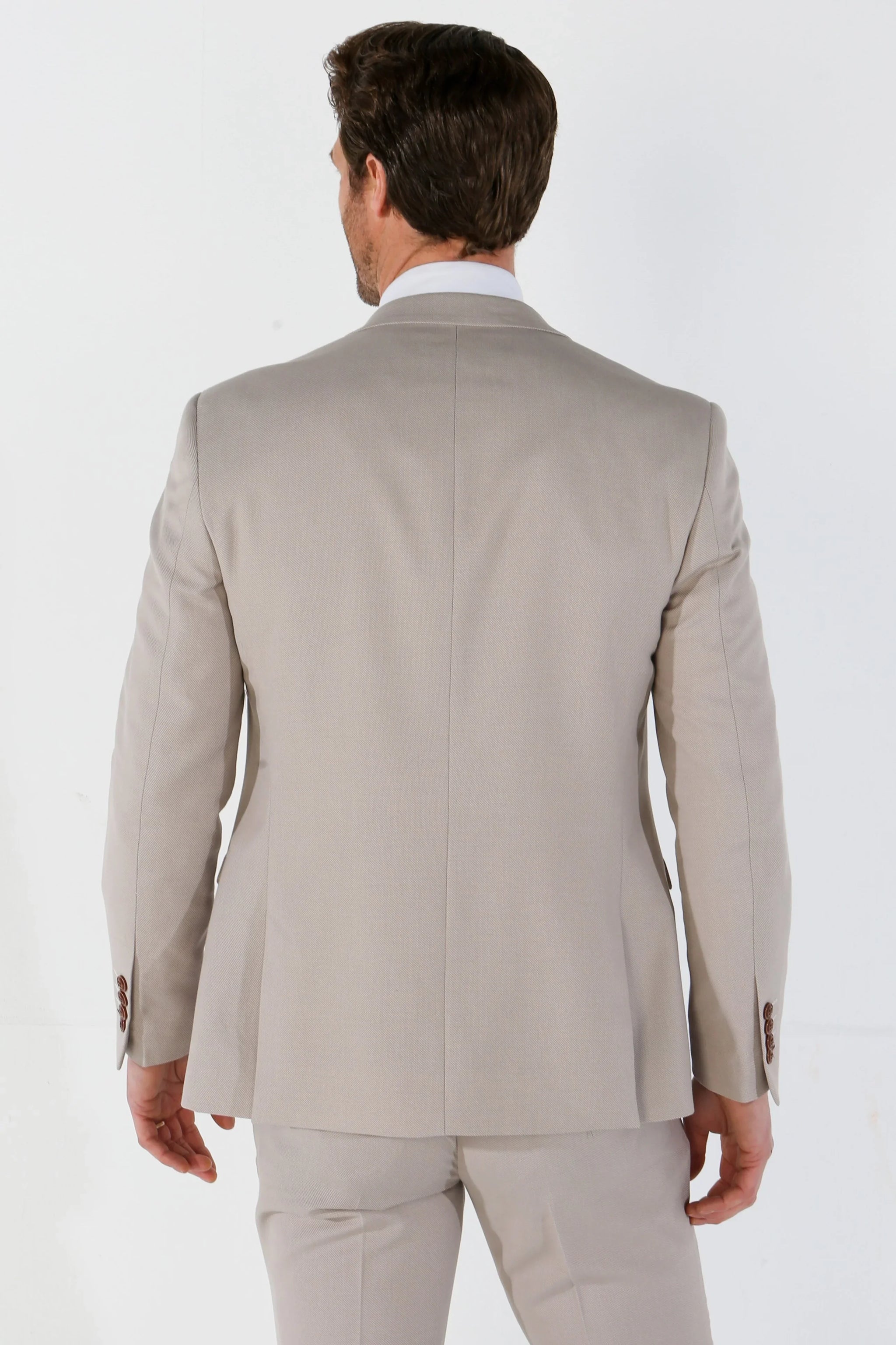 Mayfair - Blazer masculino bege com estampa olho de perdiz e corte sob medida