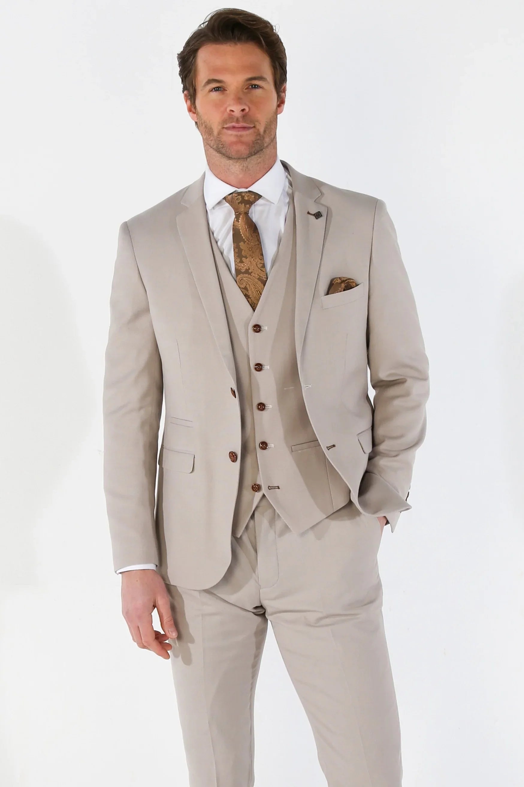 Mayfair - Blazer masculino bege com estampa olho de perdiz e corte sob medida
