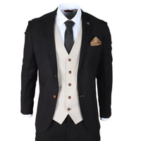 Mayfair - Terno masculino preto de 3 peças com colete creme