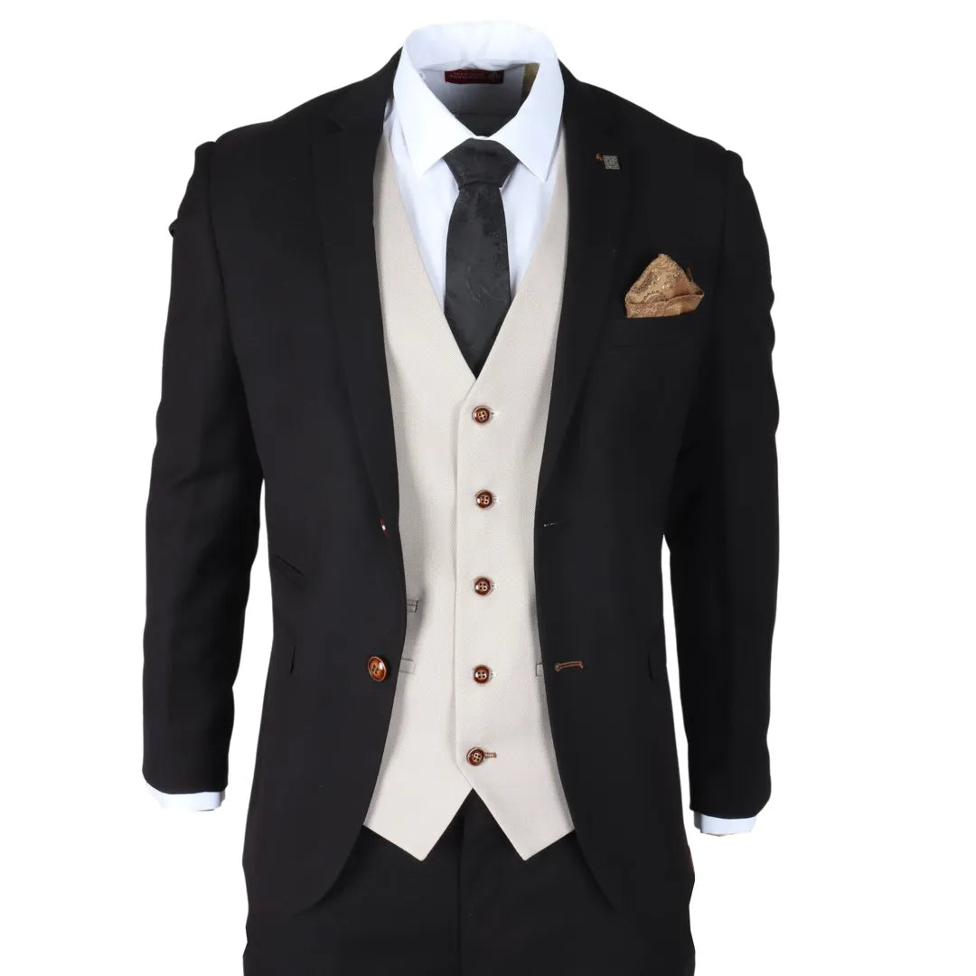 Mayfair - Terno masculino preto de 3 peças com colete creme