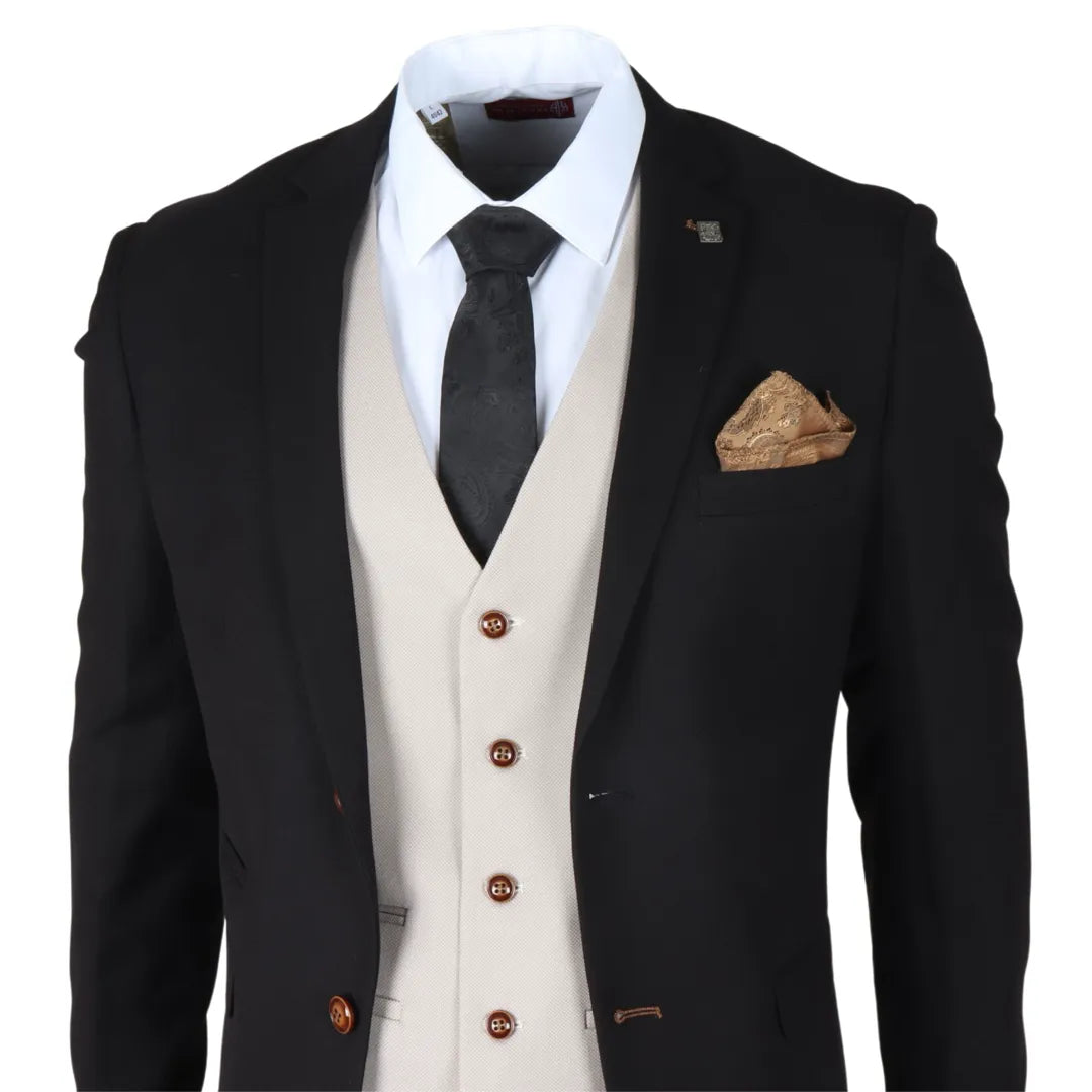 Mayfair - Terno masculino preto de 3 peças com colete creme