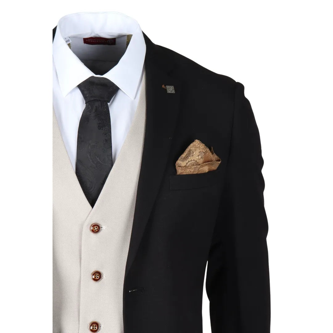 Mayfair - Terno masculino preto de 3 peças com colete creme