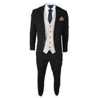 Mayfair - Terno masculino preto de 3 peças com colete creme