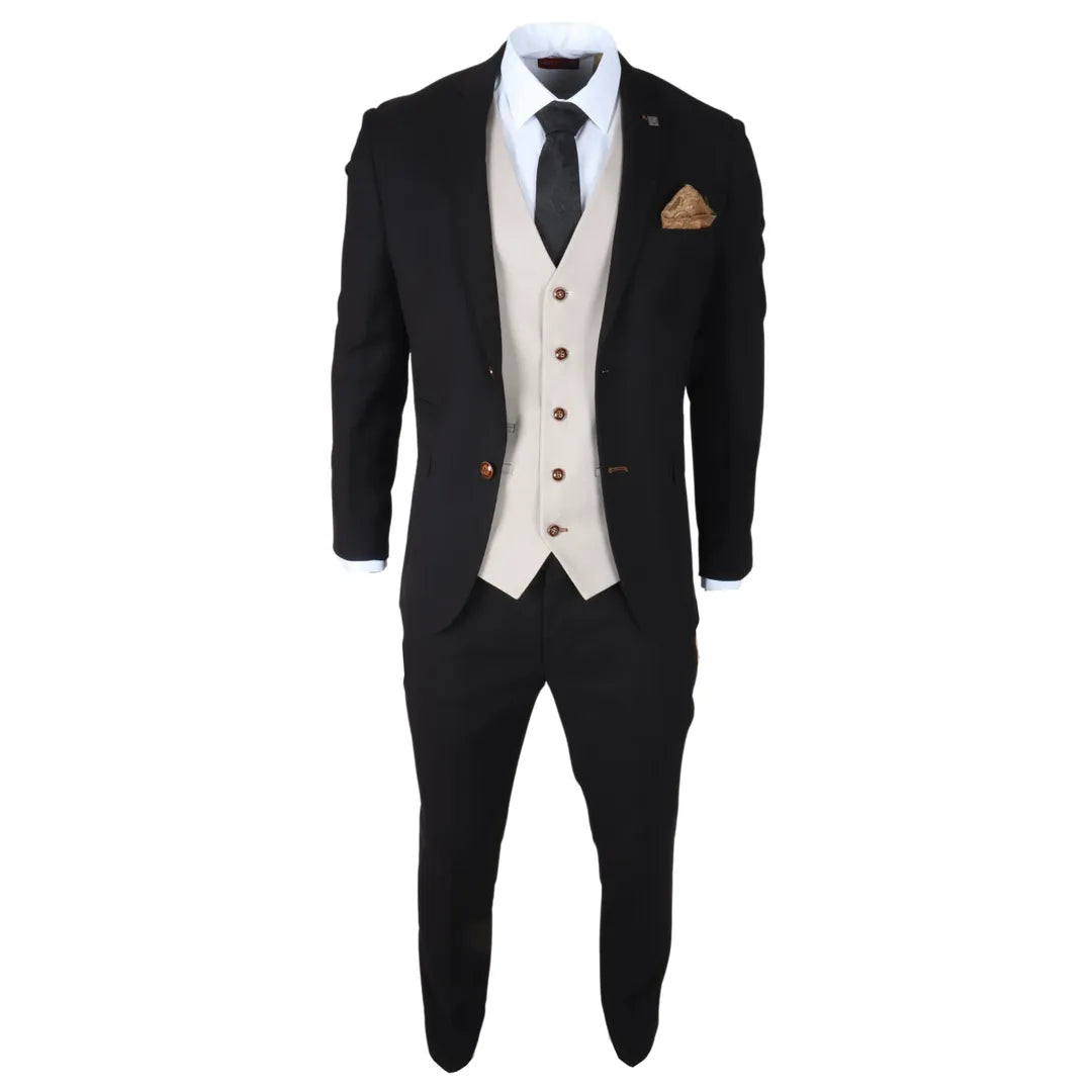 Mayfair - Terno masculino preto de 3 peças com colete creme