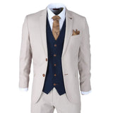 Mayfair - Terno masculino de 3 peças creme com colete azul-marinho