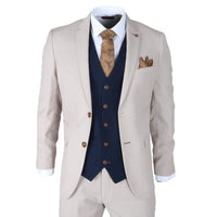 Mayfair - Terno masculino de 3 peças creme com colete azul-marinho