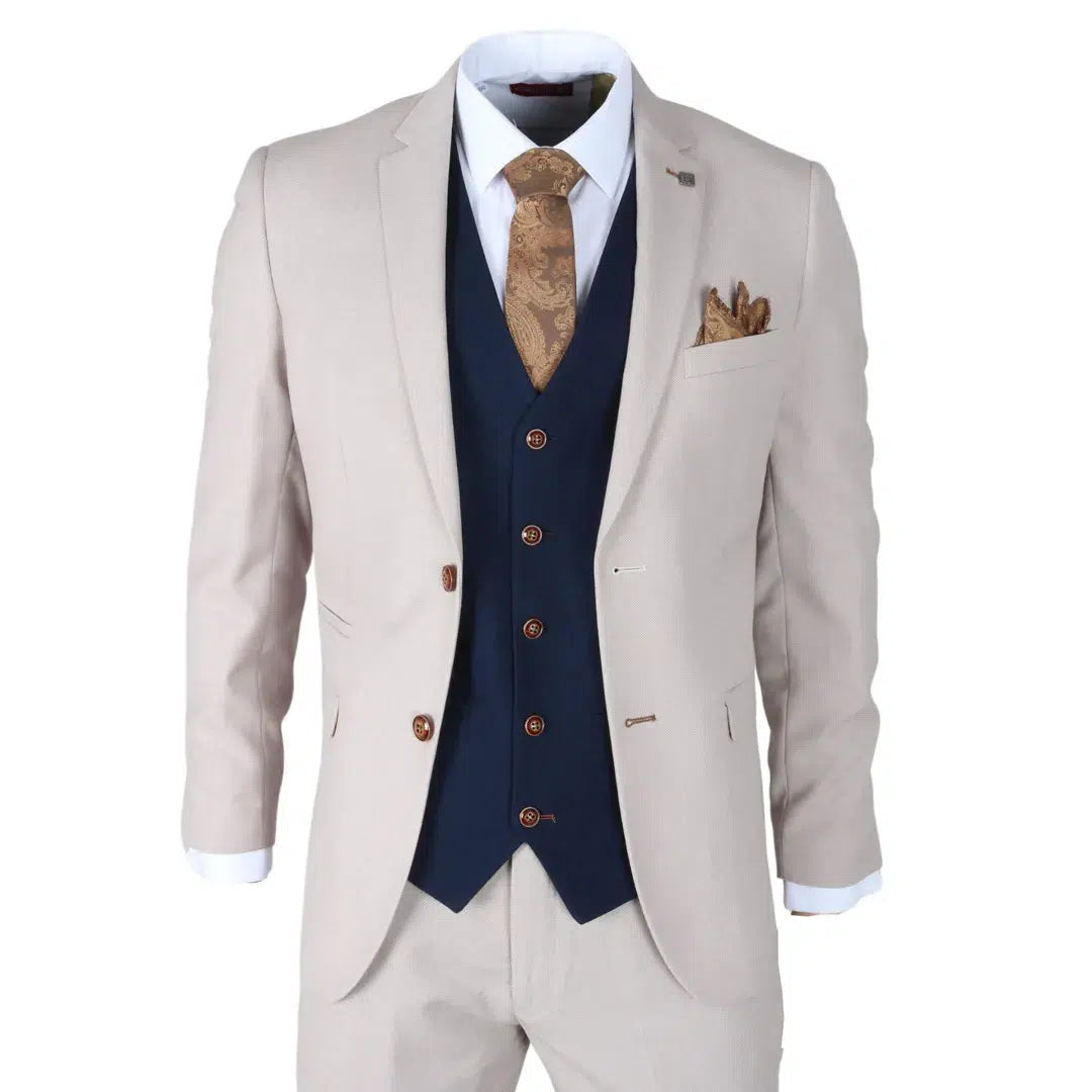 Mayfair - Terno masculino de 3 peças creme com colete azul-marinho