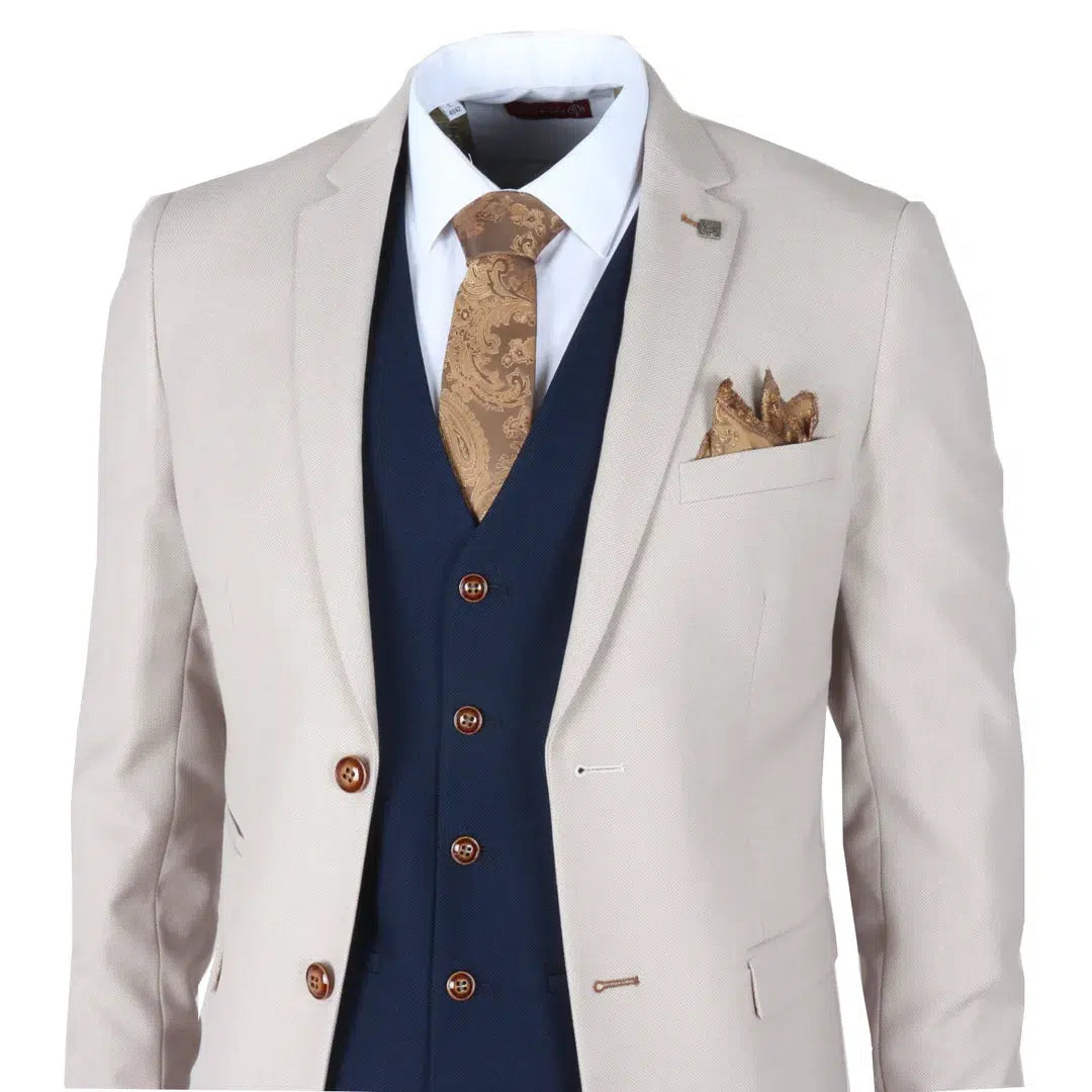 Mayfair - Terno masculino de 3 peças creme com colete azul-marinho