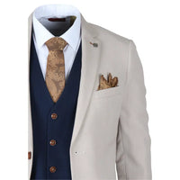 Mayfair - Terno masculino de 3 peças creme com colete azul-marinho