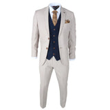 Mayfair - Terno masculino de 3 peças creme com colete azul-marinho