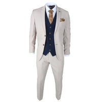 Mayfair - Terno masculino de 3 peças creme com colete azul-marinho