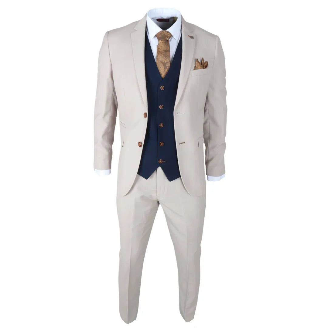 Mayfair - Terno masculino de 3 peças creme com colete azul-marinho