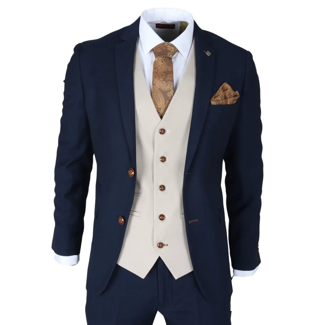 Mayfair - Terno masculino de 3 peças azul-marinho com colete creme