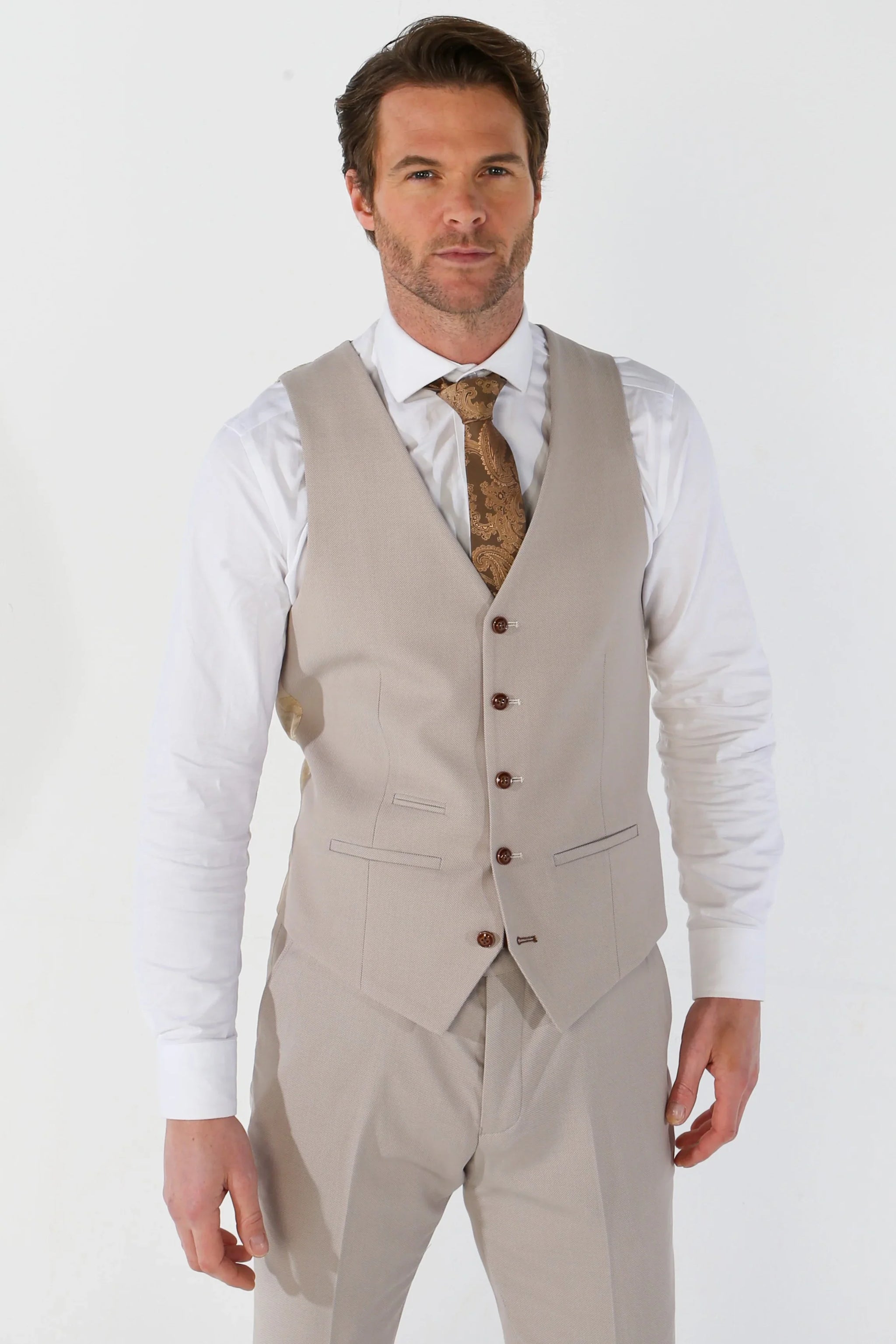 Mayfair - Terno de casamento masculino de 3 peças bege com estampa olho de perdiz