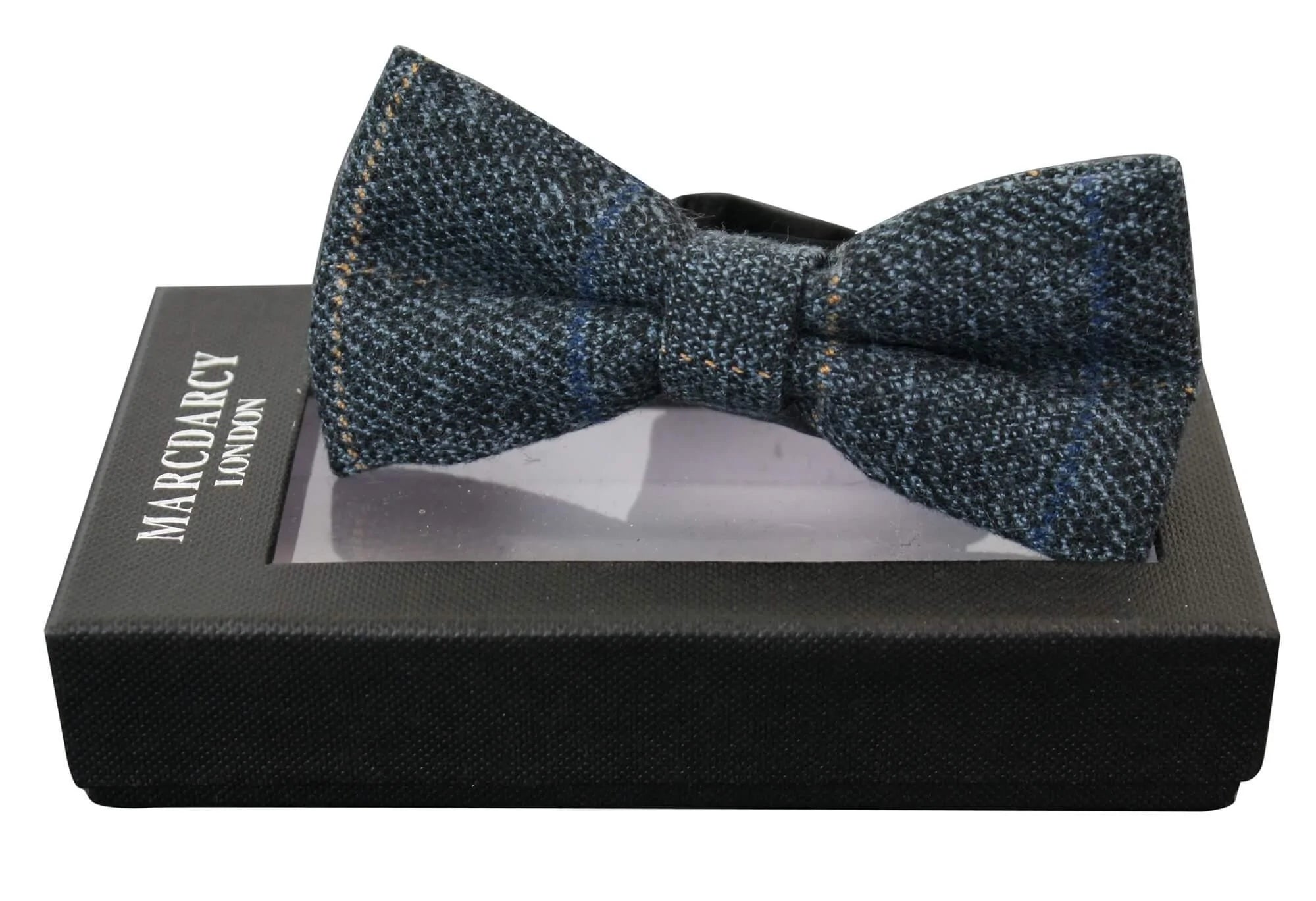 Gravata borboleta masculina Marc Darcy em tweed azul com textura espinha de peixe, estilo vintage retrô.