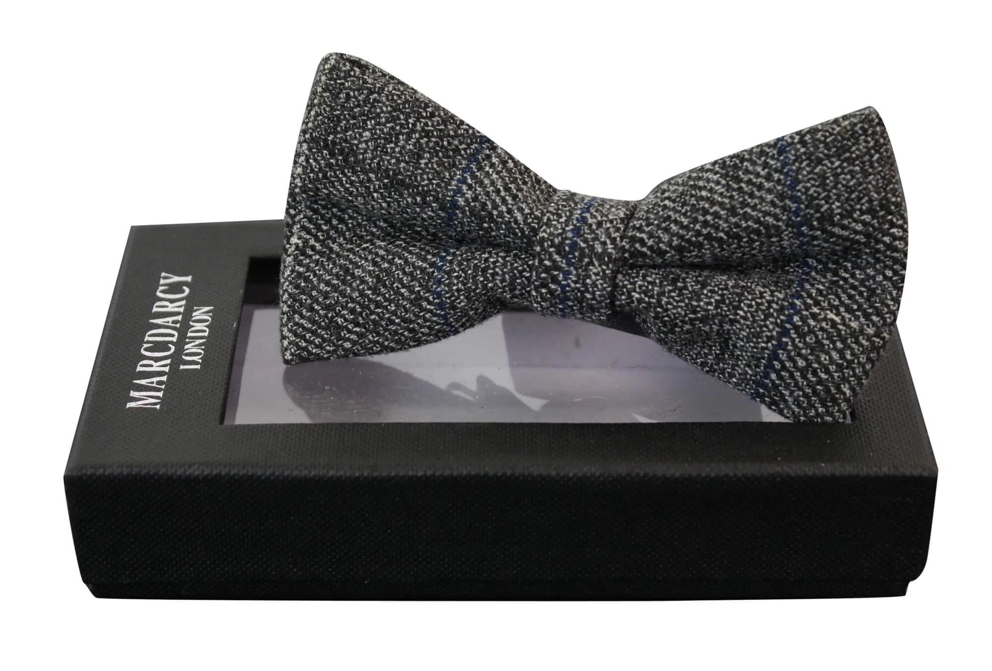 Gravata borboleta masculina Marc Darcy em tweed cinza com textura espinha de peixe, estilo vintage retrô.