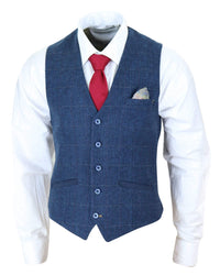 Colete masculino azul xadrez em tweed - Cavani Carnegi