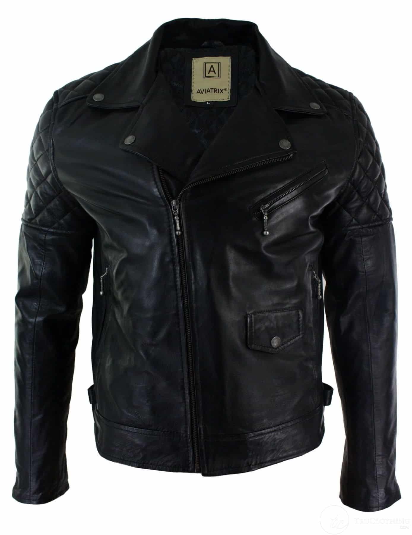 Jaqueta masculina de couro legítimo com zíper cruzado, preta, corte ajustado, estilo retrô casual.