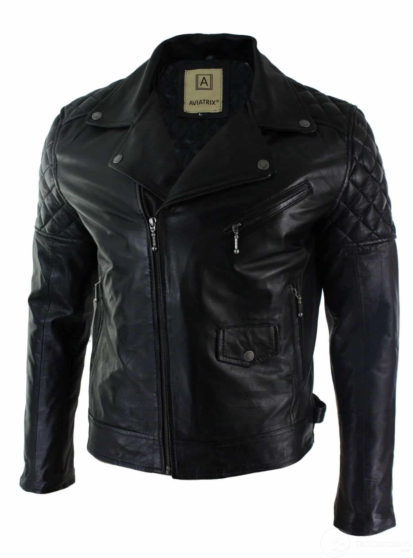 Jaqueta masculina de couro legítimo com zíper cruzado, preta, corte ajustado, estilo retrô casual.