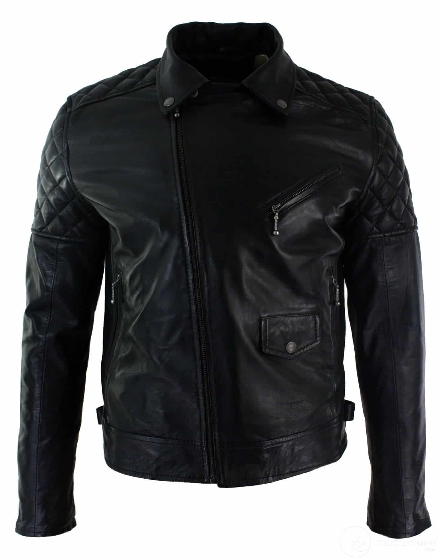 Jaqueta masculina de couro legítimo com zíper cruzado, preta, corte ajustado, estilo retrô casual.