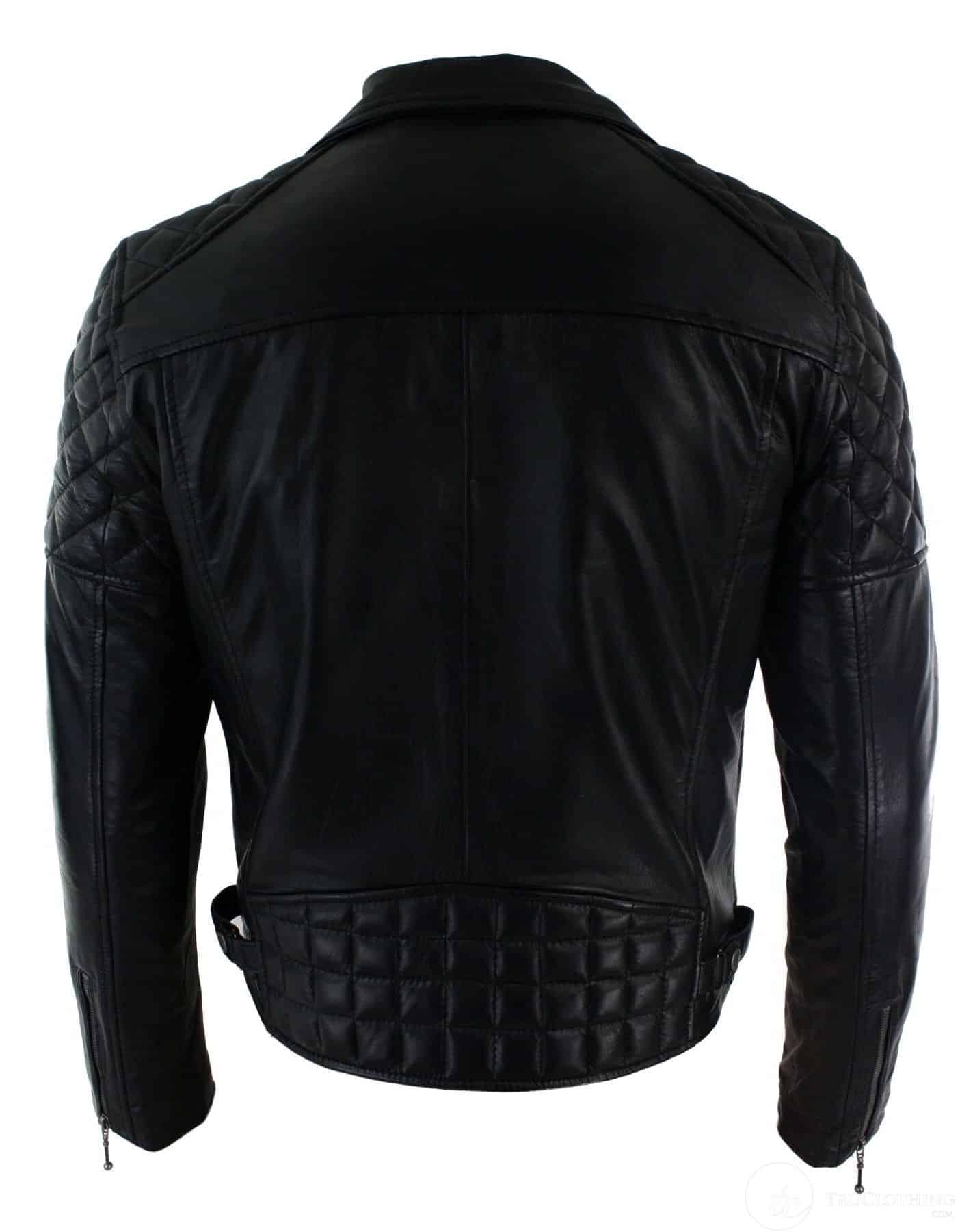 Jaqueta masculina de couro legítimo com zíper cruzado, preta, corte ajustado, estilo retrô casual.
