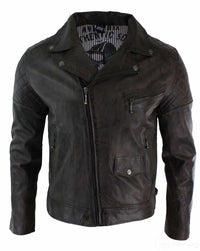 Jaqueta masculina Timber Biker em couro legítimo vintage, lavagem marrom, preta, bordô e azul, com zíper cruzado, estilo retrô casual - marrom Zulu
