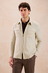Conjunto masculino de jaqueta de linho bege com zíper e calça marrom, elegante e casual para o verão.