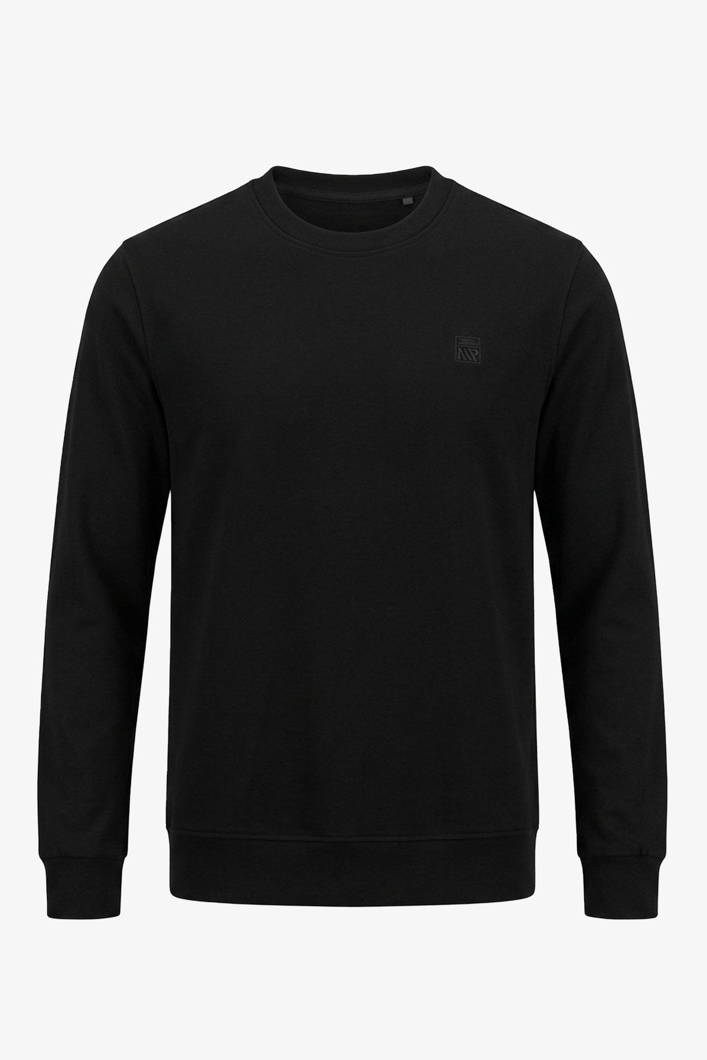 Moletom masculino preto de algodão misto com gola redonda e mangas compridas, estilo pulôver elástico.