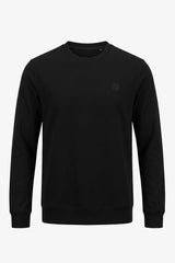 Moletom masculino preto de algodão misto com gola redonda e mangas compridas, estilo pulôver elástico.