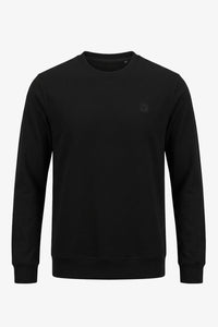 Moletom masculino preto de algodão misto com gola redonda e mangas compridas, estilo pulôver elástico.
