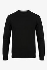 Suéter masculino preto de malha com gola redonda, em acrílico.