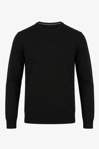 Suéter masculino preto de malha com gola redonda, em acrílico.