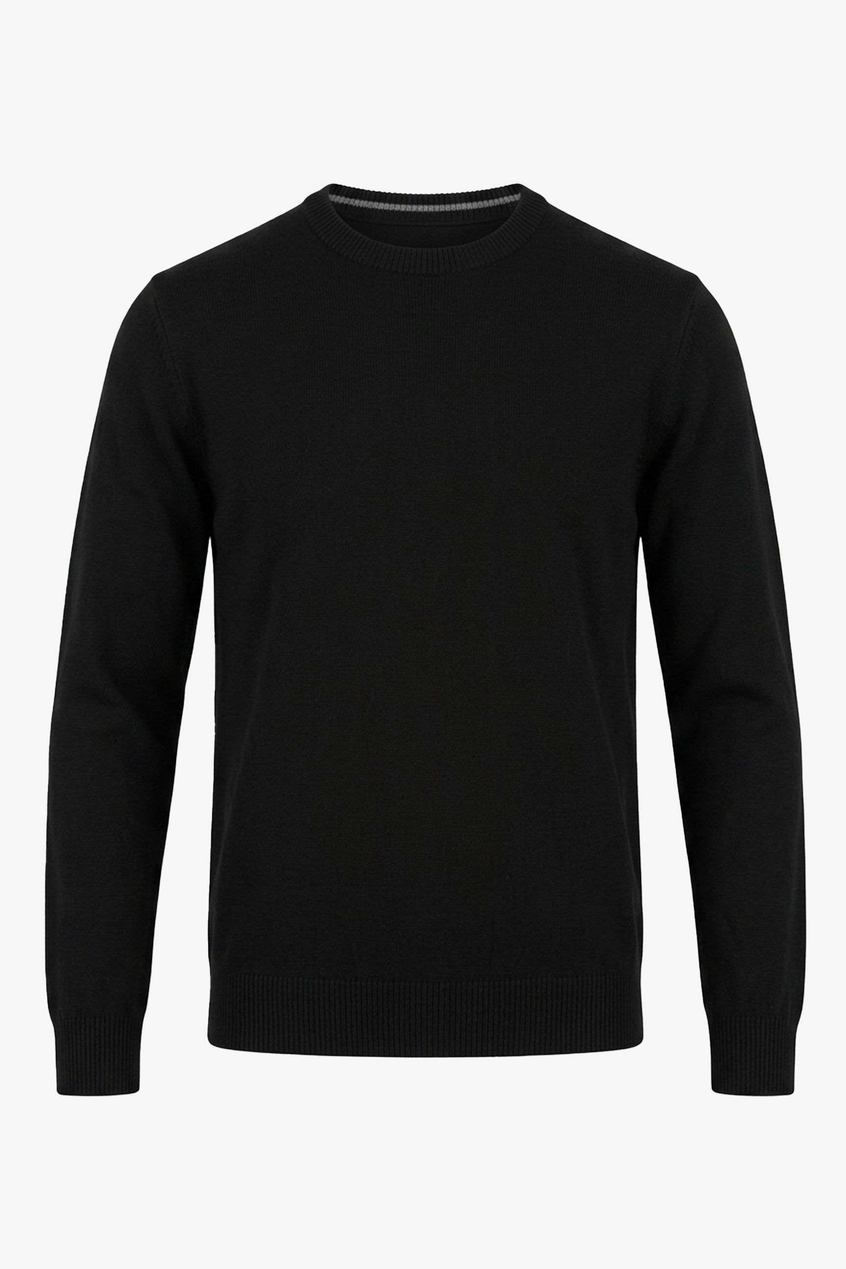 Suéter masculino preto de malha com gola redonda, em acrílico.