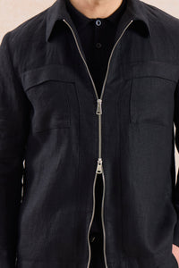 Conjunto masculino de jaqueta de linho preta com zíper e calça marrom, elegante e casual para o verão.