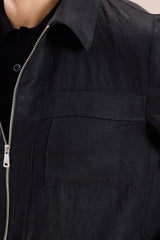 Conjunto masculino de jaqueta de linho preta com zíper e calça marrom, elegante e casual para o verão.