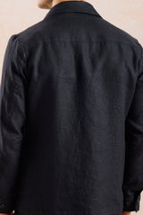 Conjunto masculino de jaqueta de linho preta com zíper e calça marrom, elegante e casual para o verão.