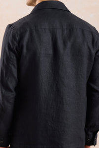 Conjunto masculino de jaqueta de linho preta com zíper e calça marrom, elegante e casual para o verão.