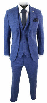 Terno masculino de tweed azul espinha de peixe de 3 peças - STZ11