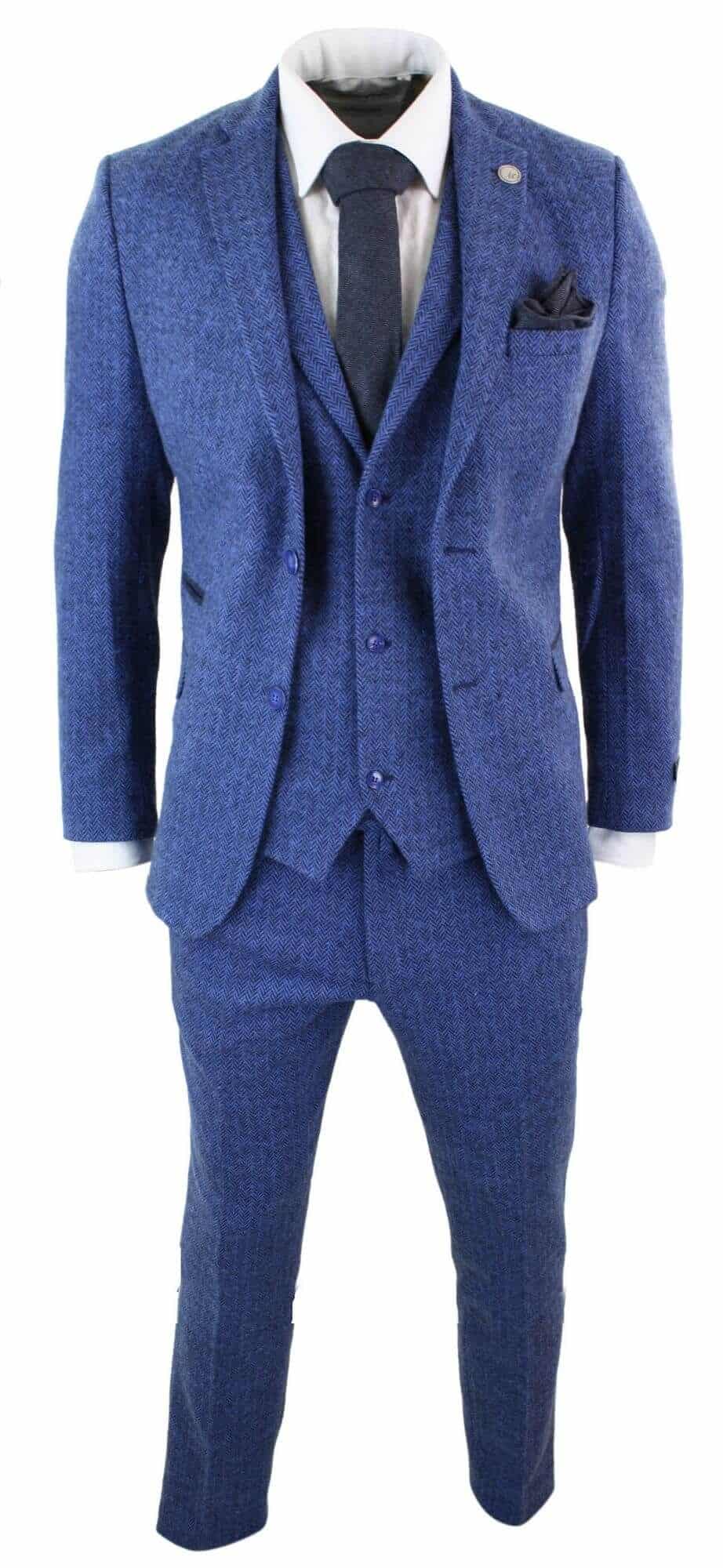 Terno masculino de tweed azul espinha de peixe de 3 peças - STZ11