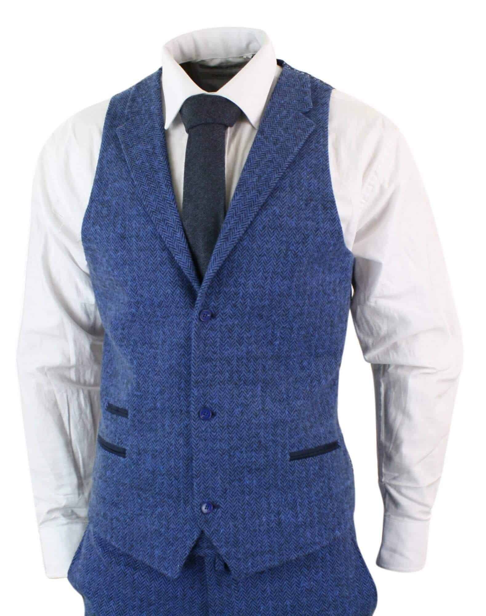 Terno masculino de tweed azul espinha de peixe de 3 peças - STZ11