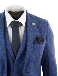 Terno masculino de tweed azul espinha de peixe de 3 peças - STZ11
