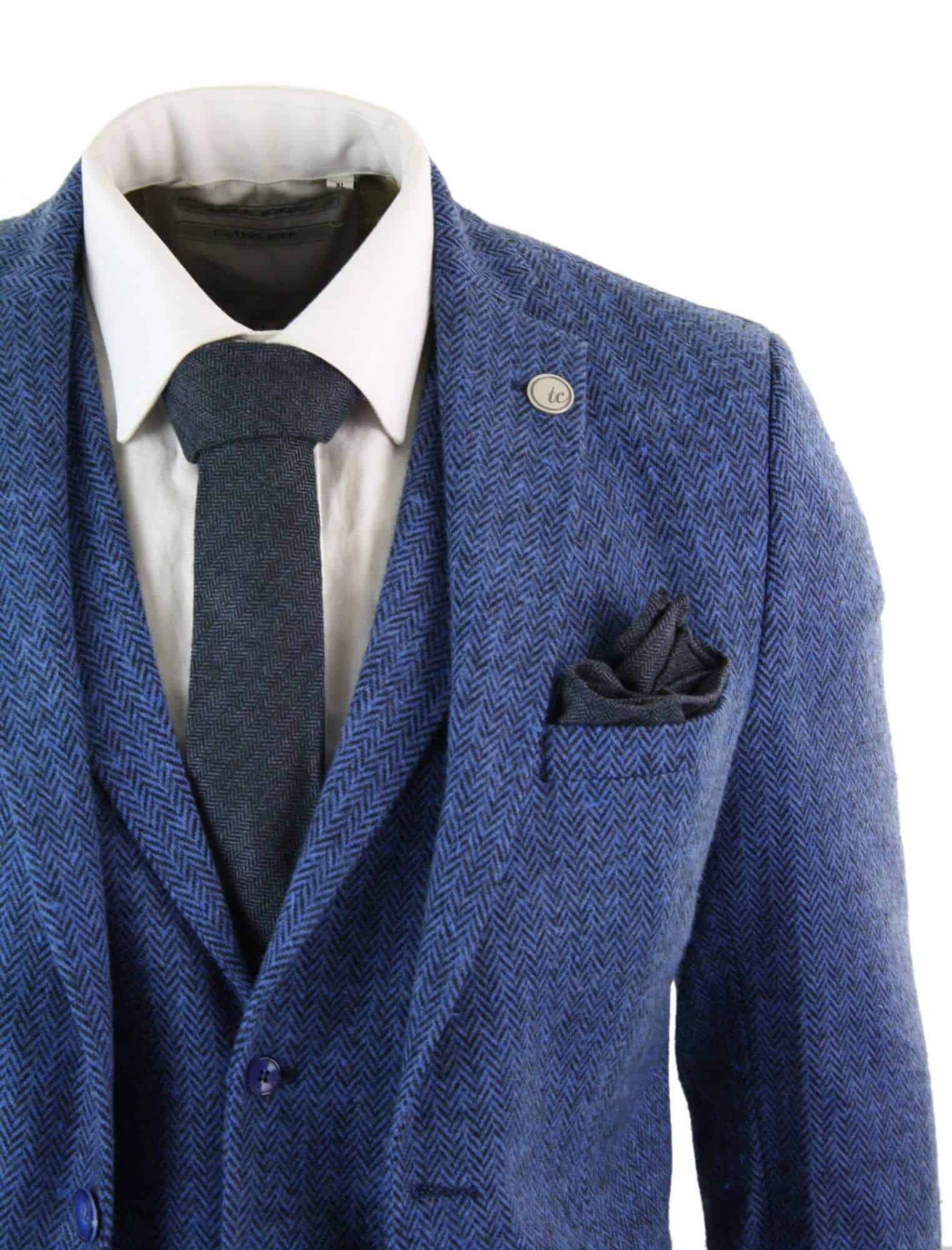 Terno masculino de tweed azul espinha de peixe de 3 peças - STZ11
