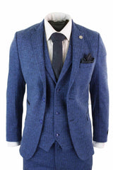 Terno masculino de tweed azul espinha de peixe de 3 peças - STZ11