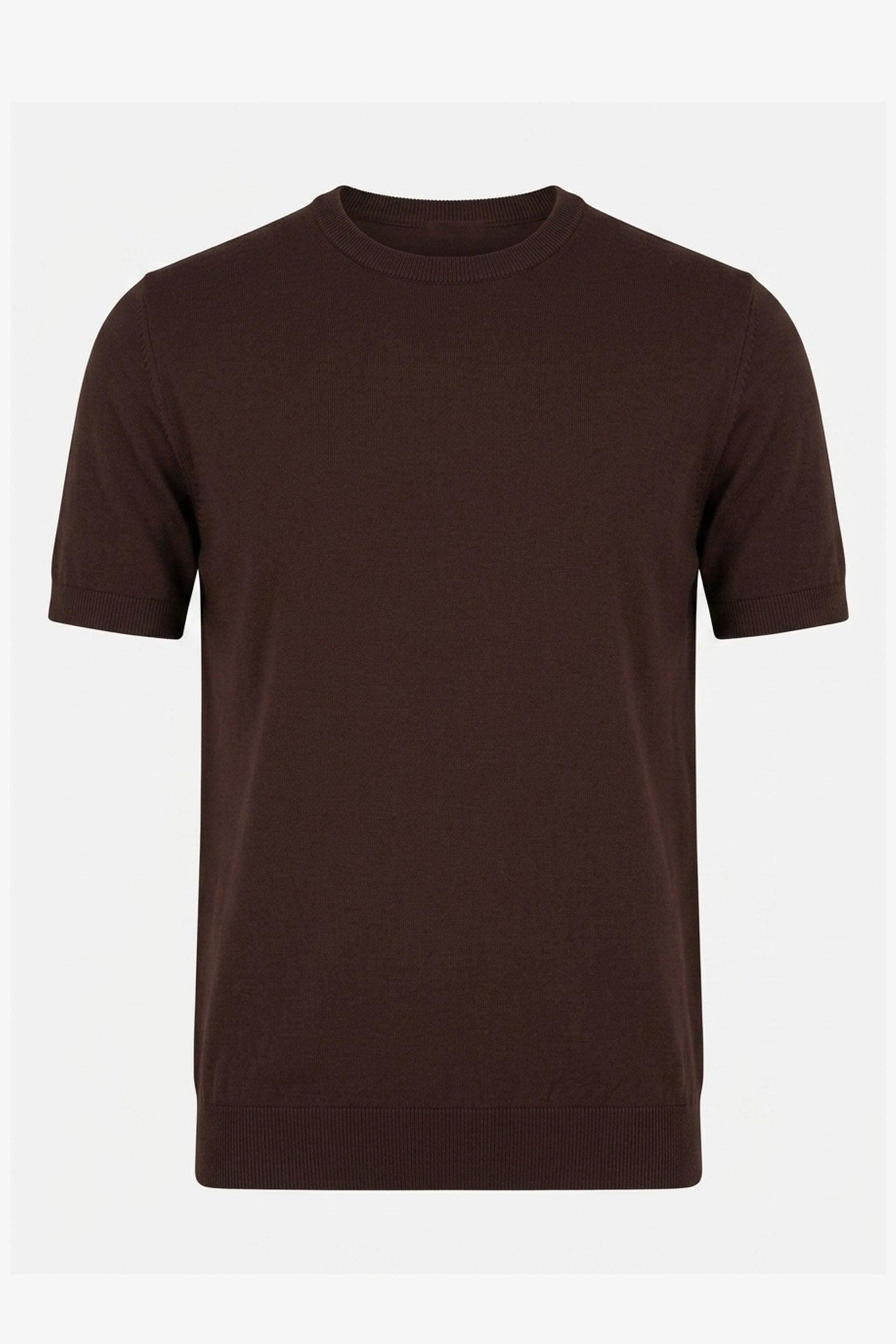 Camiseta masculina marrom de malha, modelagem regular, gola redonda e manga curta.