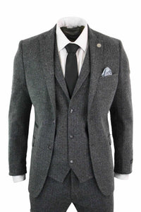 Terno masculino de tweed espinha de peixe cinza carvão de 3 peças - STZ11