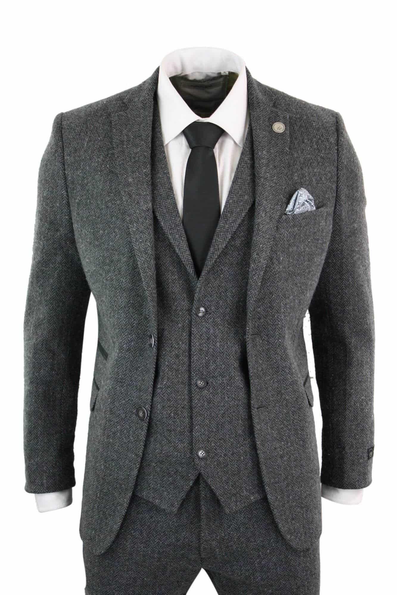 Terno masculino de tweed espinha de peixe cinza carvão de 3 peças - STZ11