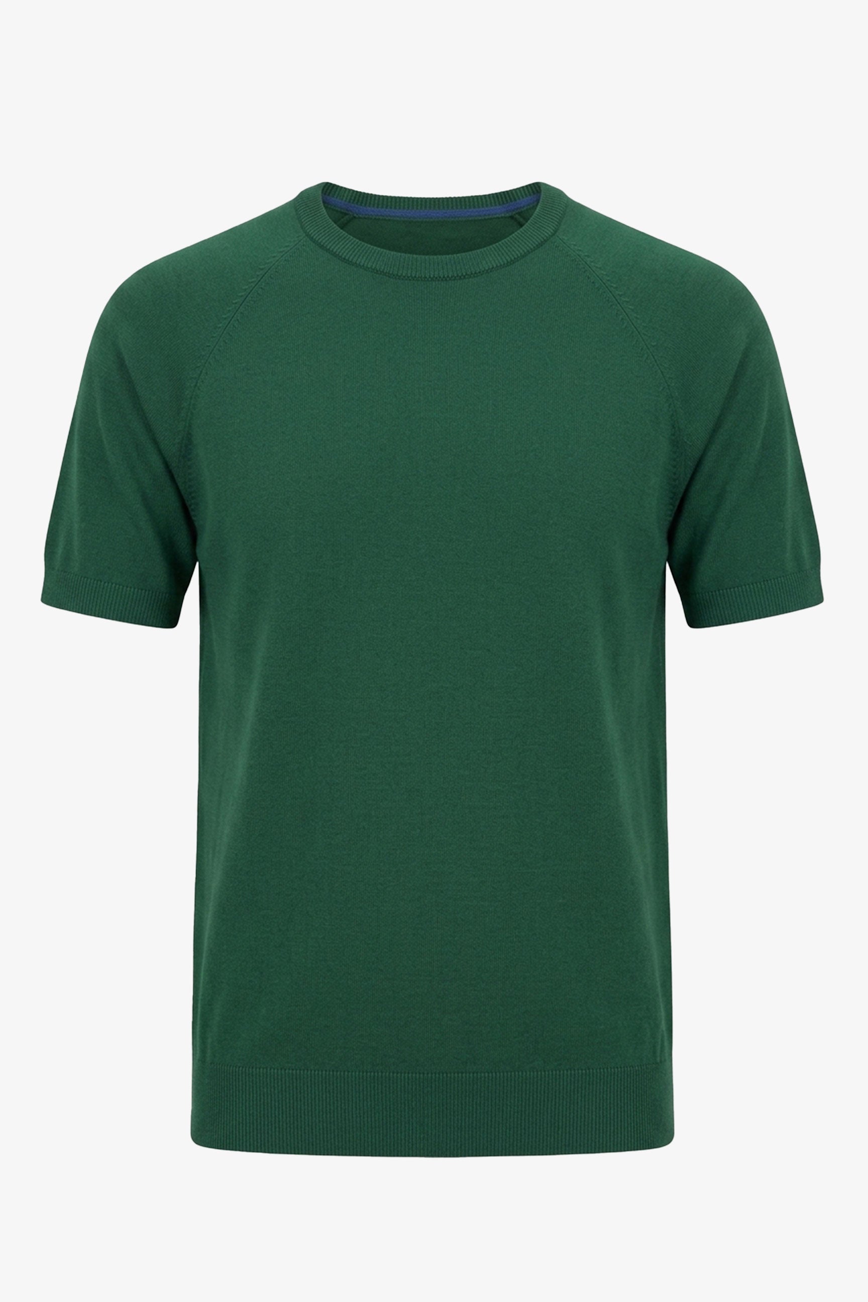 Camiseta masculina clássica verde de malha, manga curta e gola redonda.