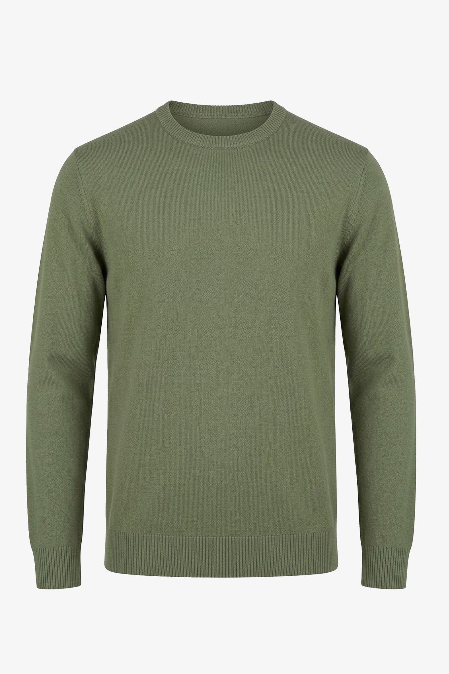 Suéter masculino verde de gola redonda, modelagem regular, em malha.