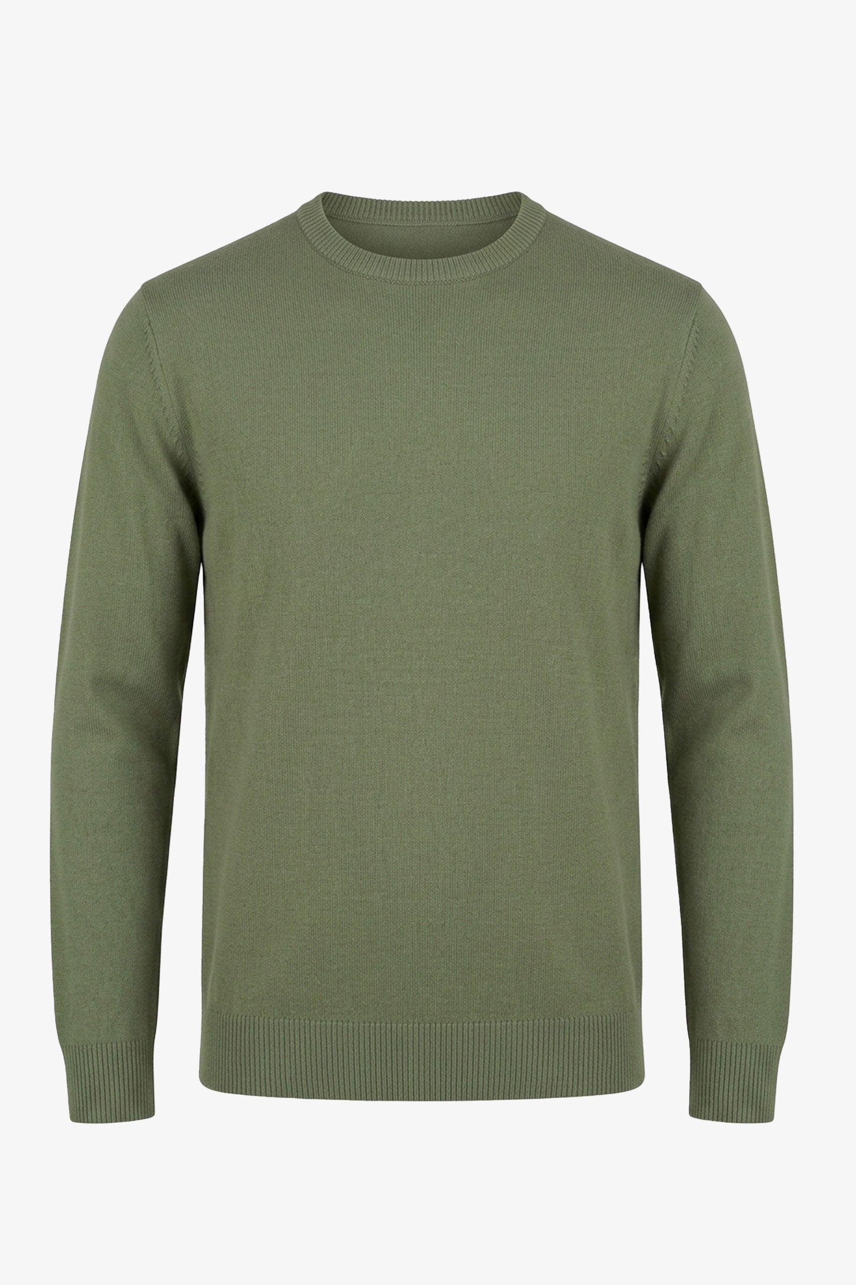 Suéter masculino verde de gola redonda, modelagem regular, em malha.