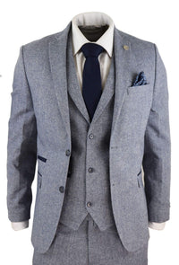 Terno masculino de tweed vintage azul claro de 3 peças - STZ13